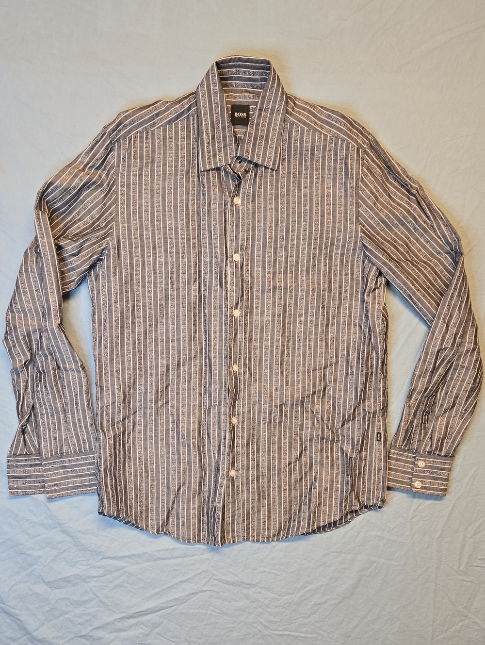 Hugo Boss Gray and White Vertical Stripe Button Down Cotton Dress Shirt